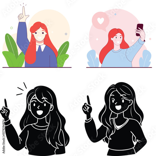 Creative women pointing up and taking selfies with social media elements