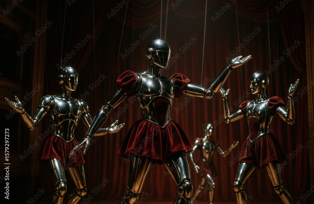 Fototapeta premium Chrome Marionette Robots Dancing on Opera Stage with Red Velvet Costumes Under Theater Spotlights