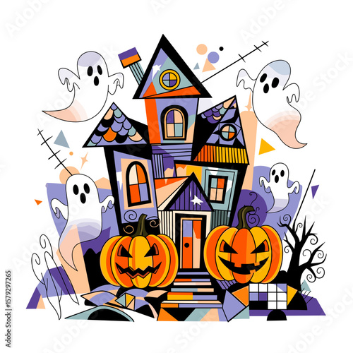Colorful haunted house with pumpkins and ghosts for Halloween  
