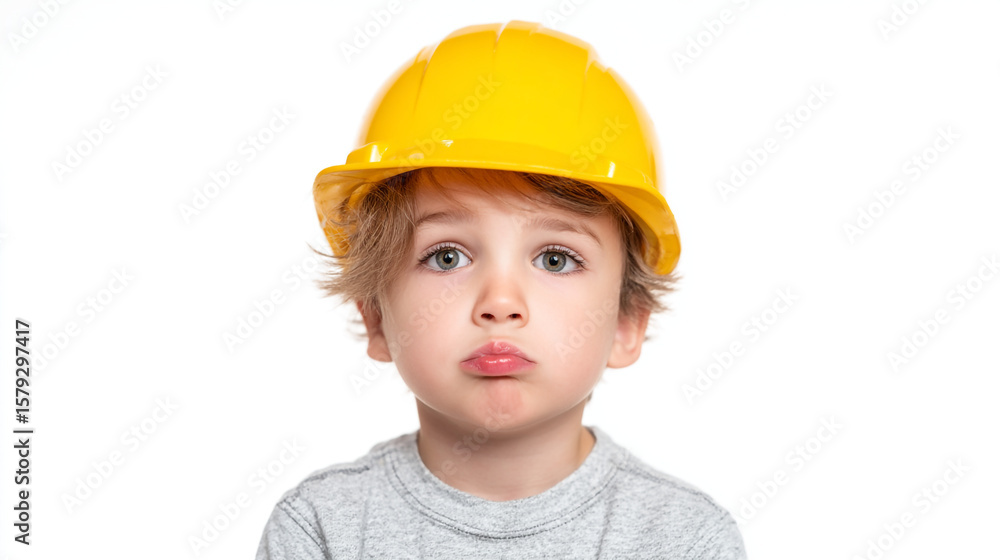 A young boy with blonde hair wearing a yellow construction helmet on a white studio background look at camera A young boy with blonde hair wearing a yellow construction helmet on a white studio background look at camera