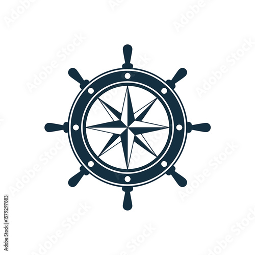 Minimalist Nautical Design Compass Rose within Ship's Wheel