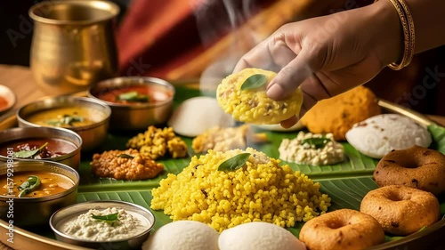 Wallpaper Mural Indian Cuisine Served On Banana Leaf with Assorted Dishes Hand Holding Portion and Gold Jewelry Torontodigital.ca