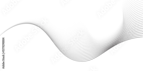 Flowing dots particles nice wave pattern halftone black gradient curve shape isolated on white background.