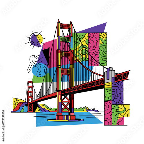 Colorful illustration of Golden Gate Bridge in abstract style  