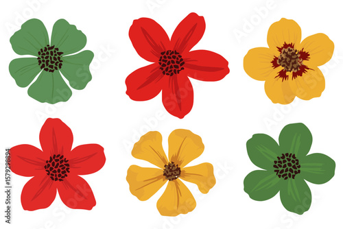 Juneteenth freedom day decorative flowers vector elements set in red green and yellow colors Independence and emancipation day of black people