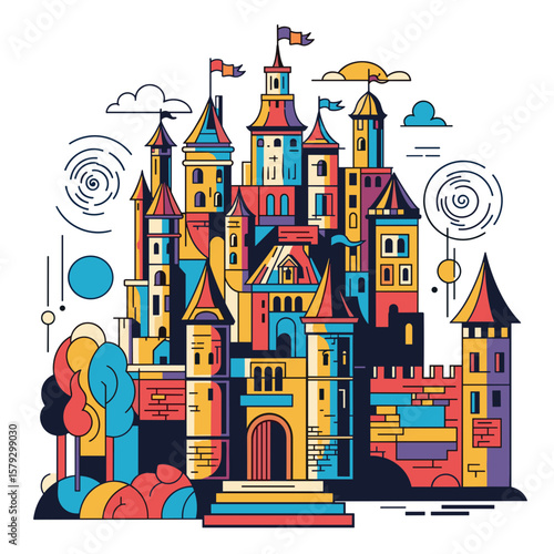 Colorful medieval castle illustration with trees and abstract shapes  