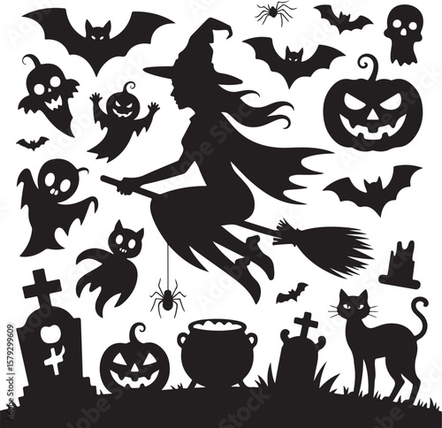 Halloween witch flying on broomstick with bats ghosts pumpkins spiders and black cat silhouette isolated on transparent background