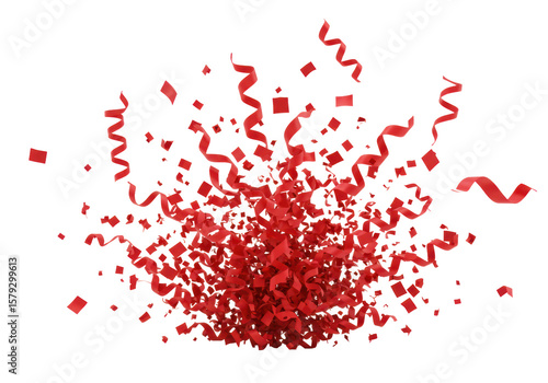 Vibrant deep red confetti pieces with varied shapes and reflective qualities caught mid-burst on a clean white studio background with bright, shadowless light, concept of festive celebration and joy
