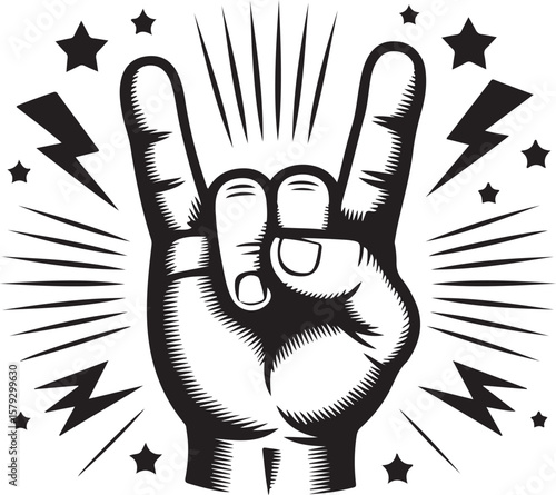 Rock On Hand Sign Vector Illustration with Stars and Lightning Bolts