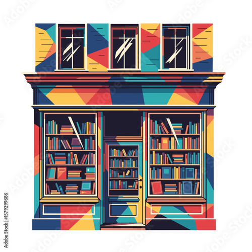 Colorful bookshop facade with geometric patterns and large windows  