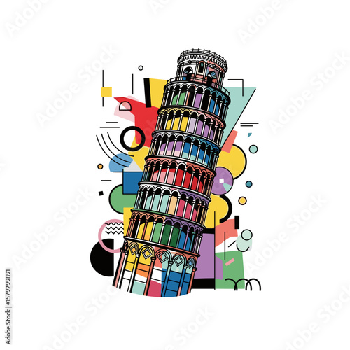 Colorful illustration of the Leaning Tower of Pisa with geometric shapes  