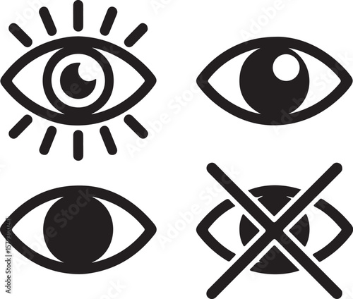 Set of four stylized eye icons silhouette isolated on transparent background