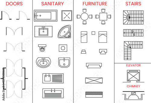 Architectural icon set, doors, sanitary, stairs, elevator, chimney, customizable stroke, vector, illustration
