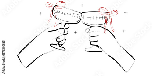 hands clinking wine or champagne glasses in hand drawn doodle style, celebration concept