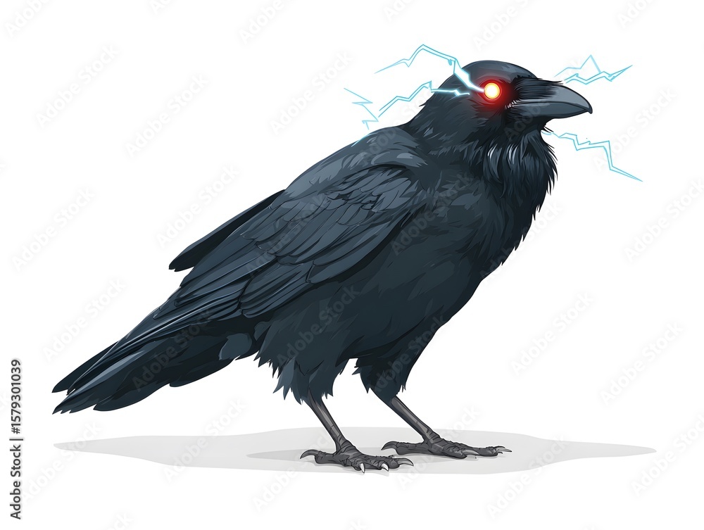 Fototapeta premium Electric Raven: A stylized raven with glowing red eyes and electric bolts emanating from its head, creating a dramatic and mystical image.