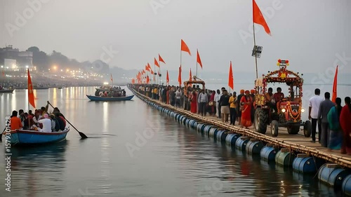 People Walking On A Floating Bridge Over The River Near The Shoreline During The Day