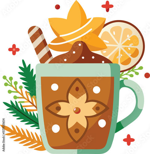 Beverage and Drink Festive Winter Warmed Drink in a Mug with Star Anise, Orange Slice, and Candy Cane