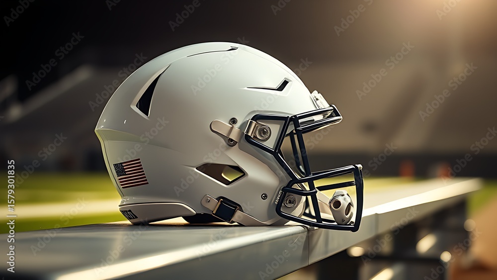 Fototapeta premium American football helmet placed on a bench under dramatic stadium lights, with a blurred field behind.
