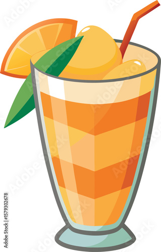 Fresh Bakery and Pastry Refreshing Orange Mango Smoothie in Glass, Summer Tropical Drink, Cartoon Illustration