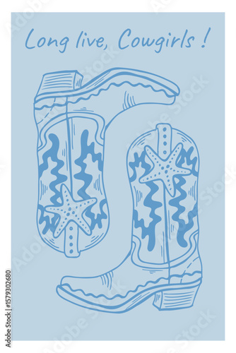 Coastal cowgirl vector illustration, line art featuring stylish cowboy boots adorned with nautical star designs, combining western charm with a nautical theme, perfect for coastal decor