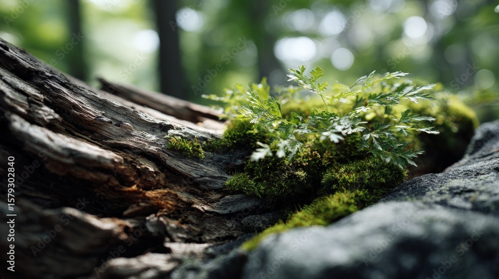 Delicate ferns and moss on weathered wood. Delicate ferns and moss on weathered wood.