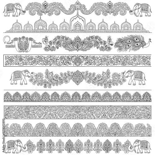 Decorative Indian patterns with elephants and peacocks in black and white  