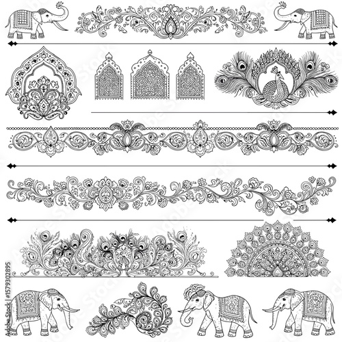 Traditional decorative borders and elements with elephants and peacocks  