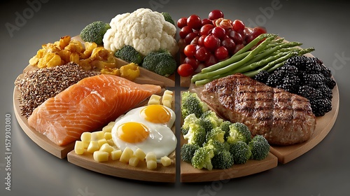 Healthy eating vector layout showing food groups as illustrated icons arranged in diet chart style