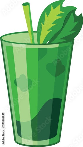Fresh Bakery and Pastry Refreshing Green Smoothie in Tall Glass with Straw and Mint Garnish, Healthy Detox Drink Concept