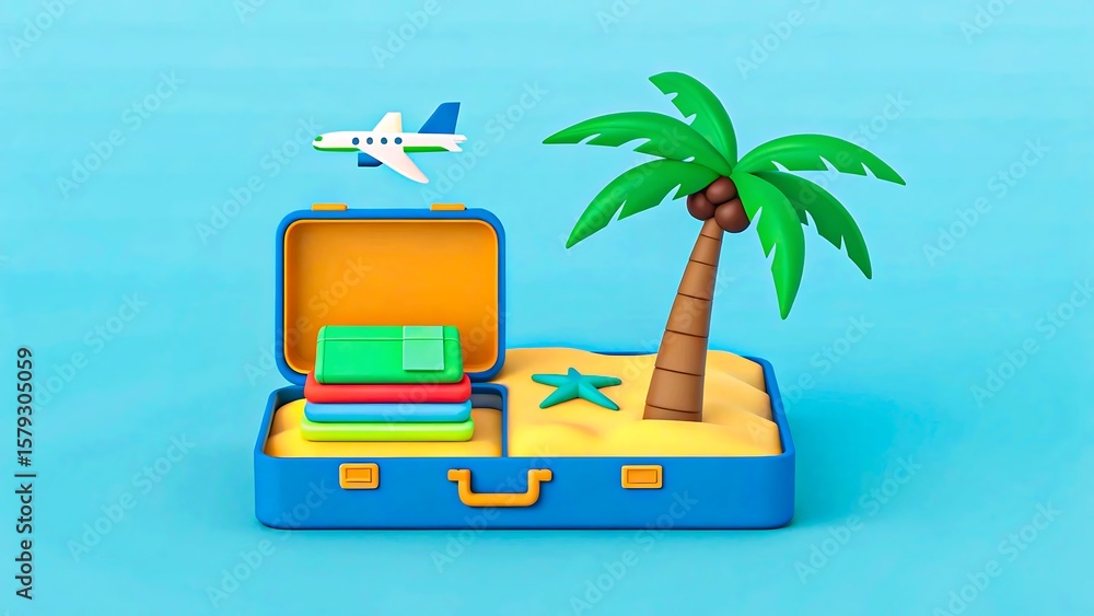 Obraz premium Airplane flying over island with palm trees and blue sky