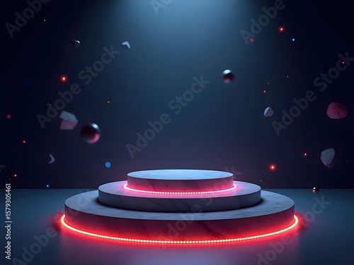 Empty red stage podium with spotlight and cosmic background design