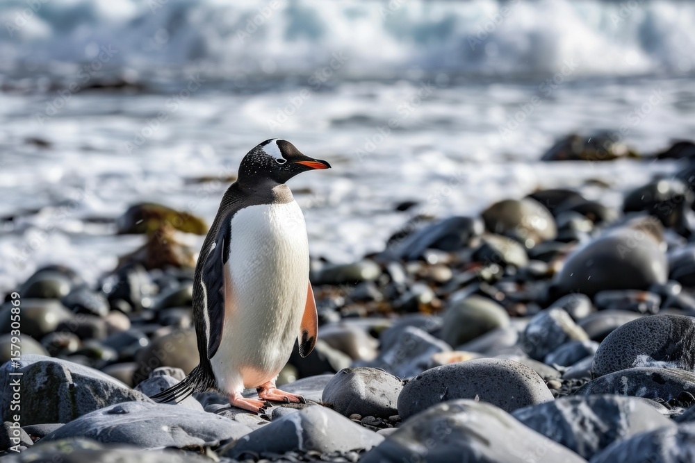 Fototapeta premium Gentoo penguin stands on rocky shoreline with waves crashing in the background