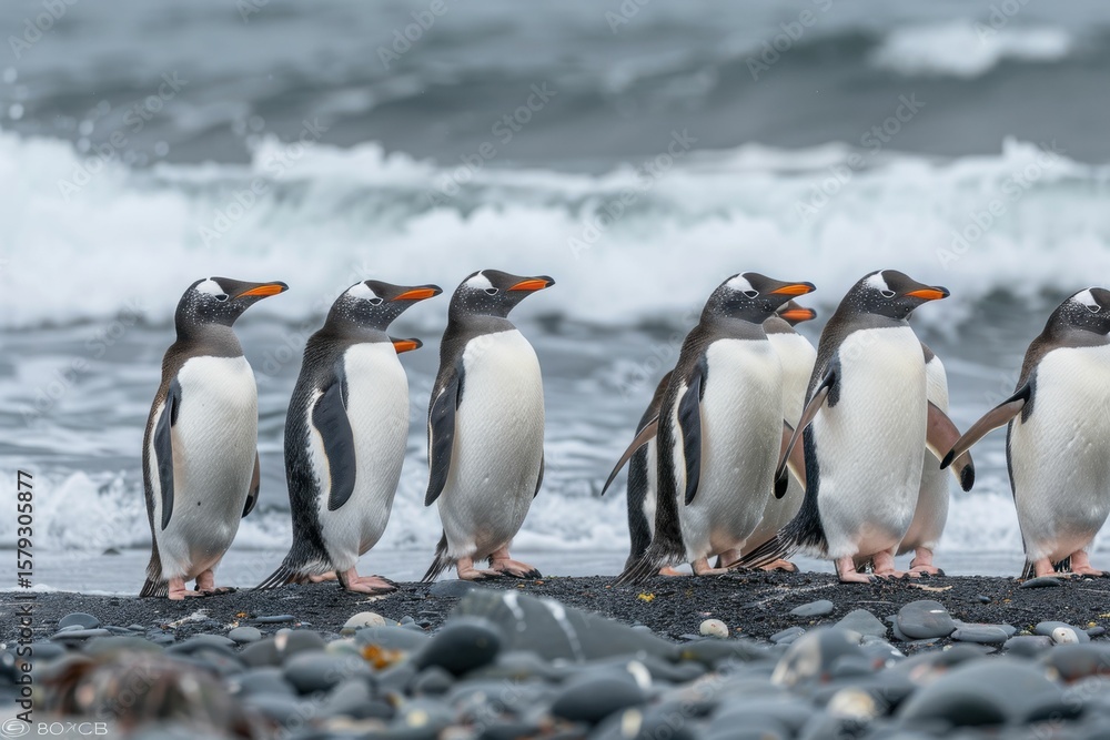 Fototapeta premium Gentoo penguin stands on rocky shoreline with waves crashing in the background