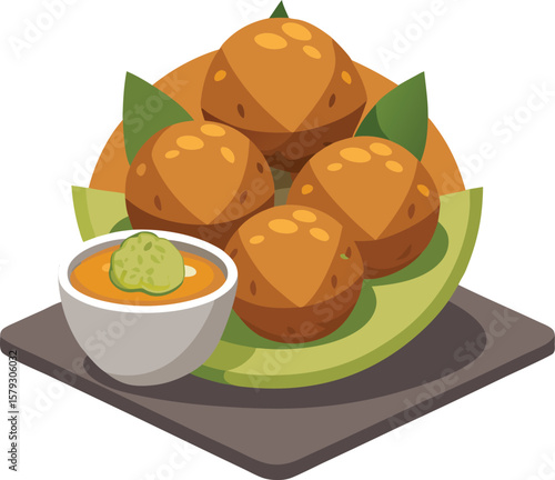 Beverage and Drink Delicious Fried Food Platter with Dipping Sauce, Perfect for a Snack or Meal