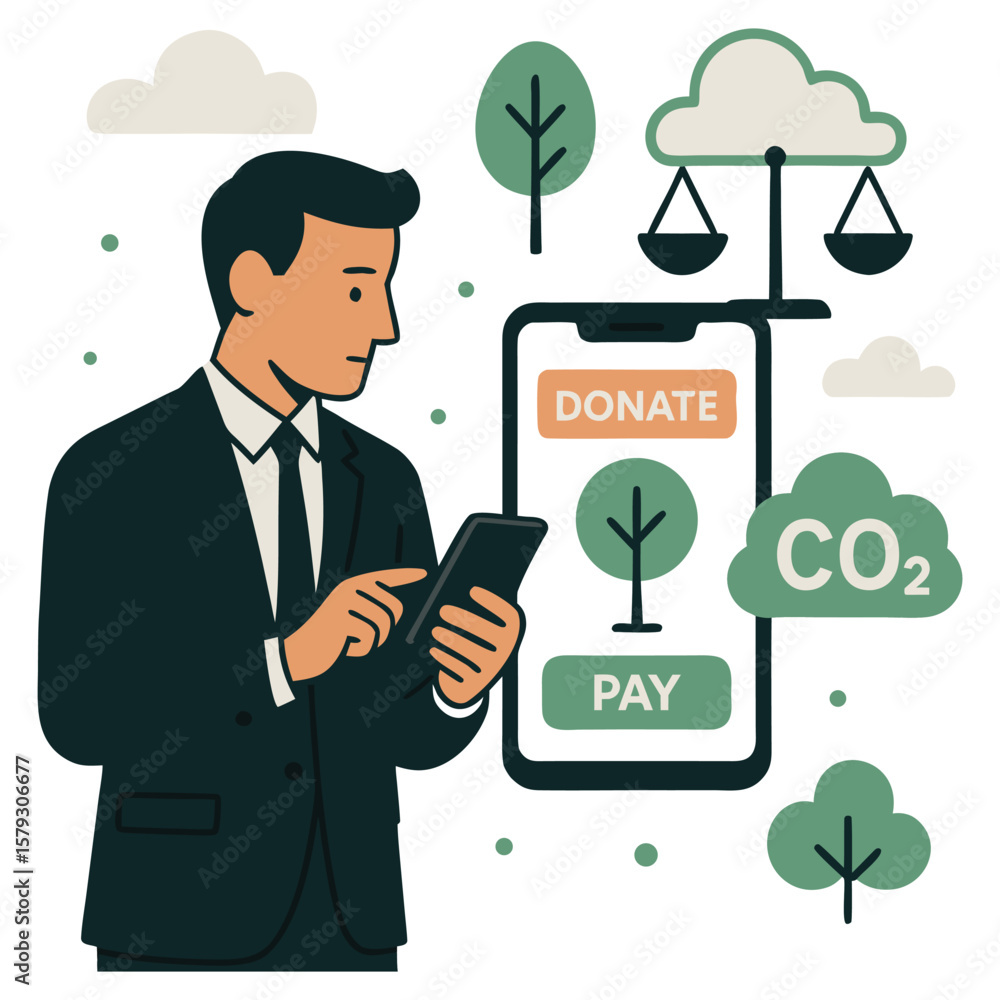 Businessperson Donating to Carbon Offset Programs via Mobile App – Abstract Eco-Friendly Illustration with CO₂ and Tree Icons 2 Businessperson Donating to Carbon Offset Programs via Mobile App – Abstract Eco-Friendly Illustration with CO₂ and Tree Icons 2