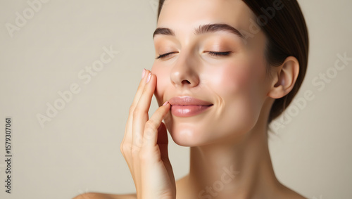 Beautiful close-up portrait of woman with glowing, smooth skin, ideal for natural skincare, wellness product, beauty spa branding visuals.