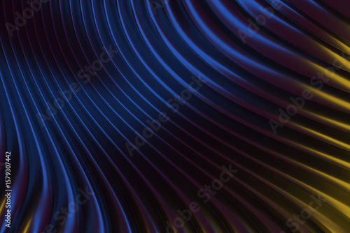 Abstract waves of blue and gold curves in elegant motion for creative design. 3d render