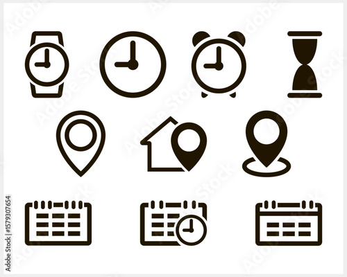 Calendar clock pointer icon isolated. Outline time date location clipart Vector stock illustration