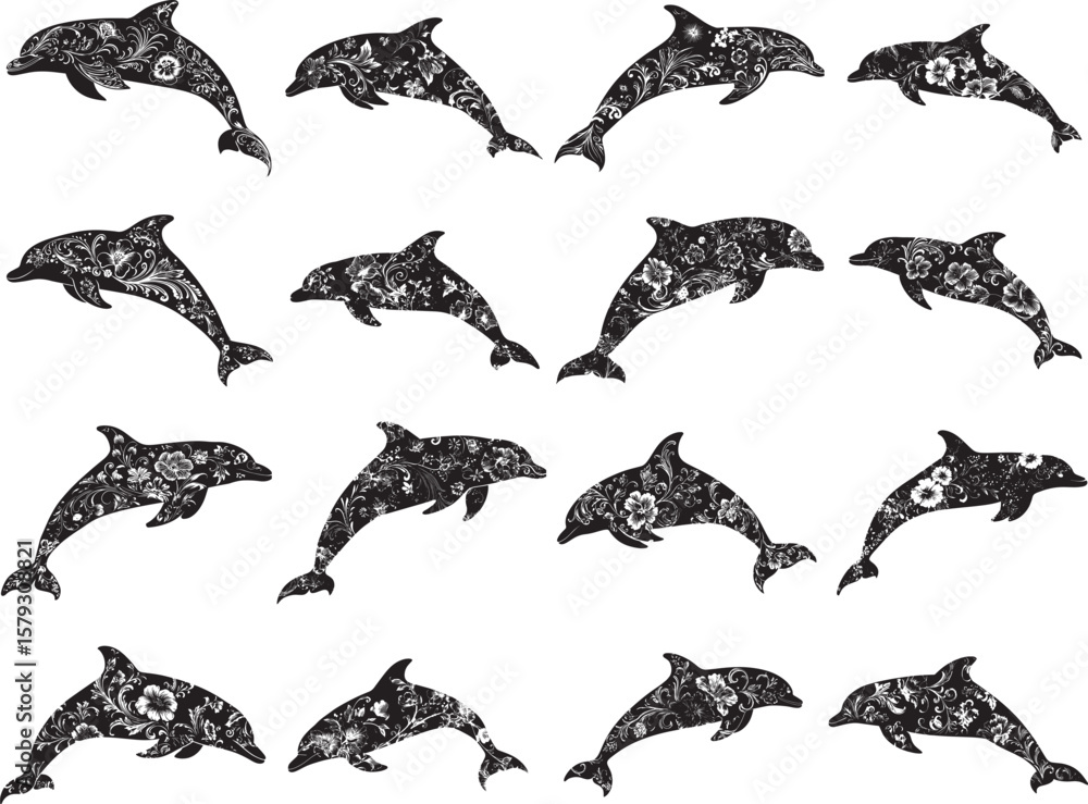 Naklejka premium Floral Dolphin Stencil