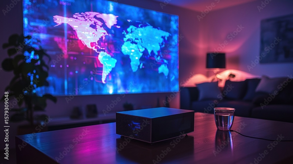 Obraz premium Projector in a living room with world map projection