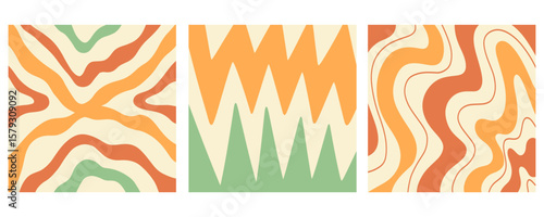 Distorted wavy retro patterns background set