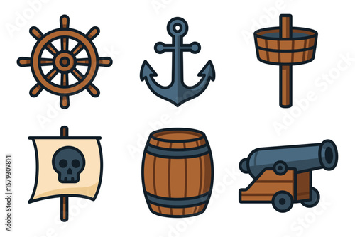 Vector Icons of Classic Pirate-Ship Equipment