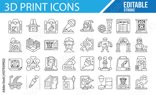 3D Print Icon Set, Editable Stroke Illustrations for Manufacturing and Printing Design

