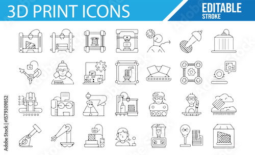 Editable Stroke Icons Set for 3D Printing, Featuring Printers, Tools, and CAD Design