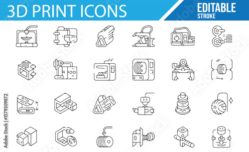 Digital 3D Print Icons, Editable Stroke, for CAD, Manufacturing, and Printing Projects