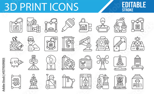 3D Printing Icons Set, Editable Stroke for Technology and Design, Featuring Printer Tools

