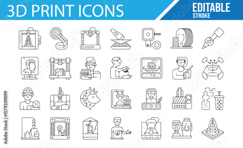 3D Printer and Manufacturing Tools Icon Set, Editable Stroke, for Printing and Design Projects