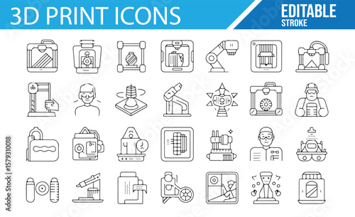3D Print Icons Set, Editable Stroke Illustrations for 3D Printing, Technology, CAD, Manufacturing, and Design Projects, Featuring Printers, Materials, and Production Tools, Digital Art