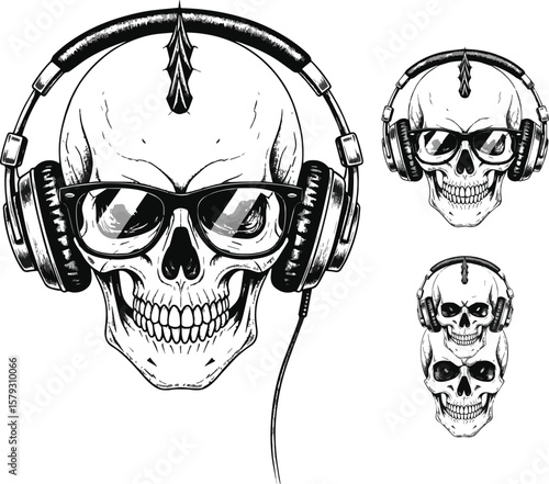 Stylish Skull with Headphones and Sunglasses Punk Rock Design Vector Illustration.