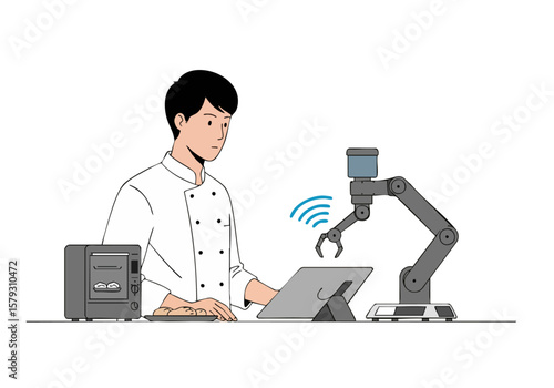 A chef monitors a robotic arm preparing food, utilizing a tablet for oversight. Modern kitchen setting, showcasing automation and culinary technology.
